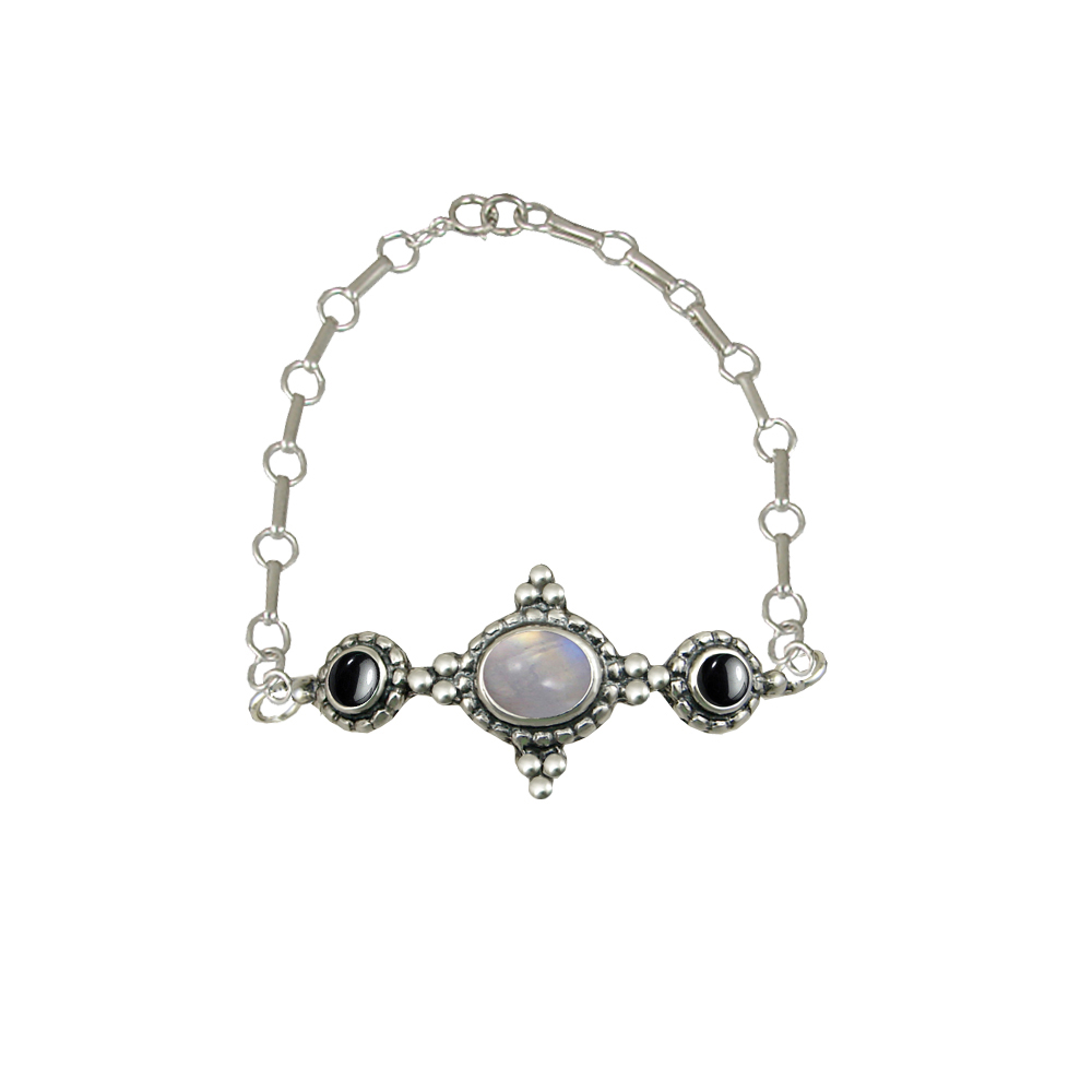 Sterling Silver Gemstone Adjustable Chain Bracelet With Rainbow Moonstone And Hematite
